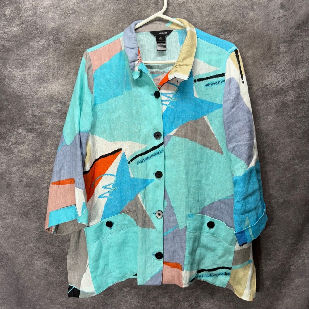 Ali Miles 100% Linen Abstract Geometric Button Front Shirt Size M Wire Collar